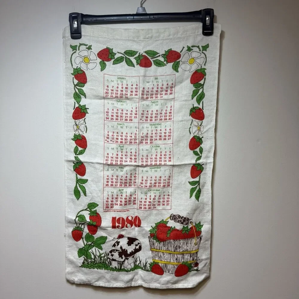 Vintage 1980 Cloth Wall Calendar Strawberry Mushroom Kitchen Cottagecore Granny